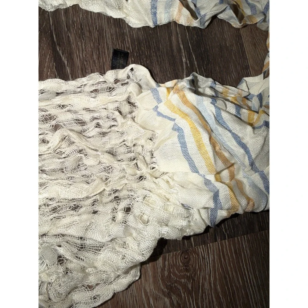 Striped Open Knit Infinity‎ Scarf Cream Blue Mustard Lightweight Mesh Loop Scarf